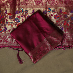 Purple - Bangalore Silk Paithani Weave 3pc Unstitched Dress Material Suit Set 13