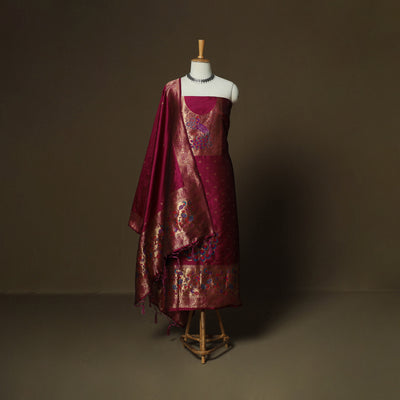 Purple - Bangalore Silk Paithani Weave 3pc Unstitched Dress Material Suit Set 13