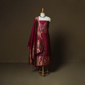 Purple - Bangalore Silk Paithani Weave 3pc Unstitched Dress Material Suit Set 13