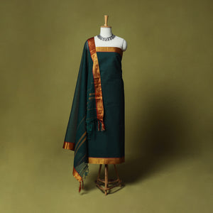 Green - Dharwad Cotton 3pc Unstitched Dress Material Suit Set with Woven Zari Border 80