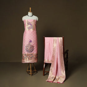 Pink - Bangalore Silk Paithani Weave 3pc Unstitched Dress Material Suit Set 14