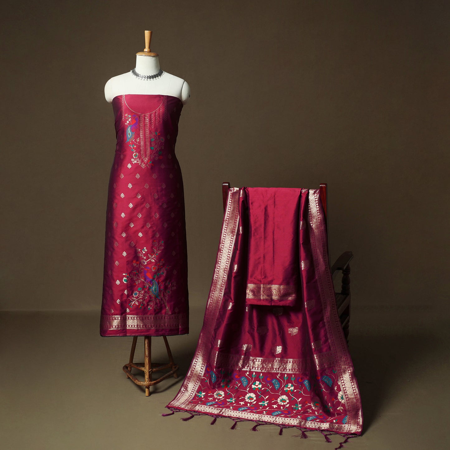 Red - Bangalore Silk Paithani Weave 3pc Unstitched Dress Material Suit Set 15