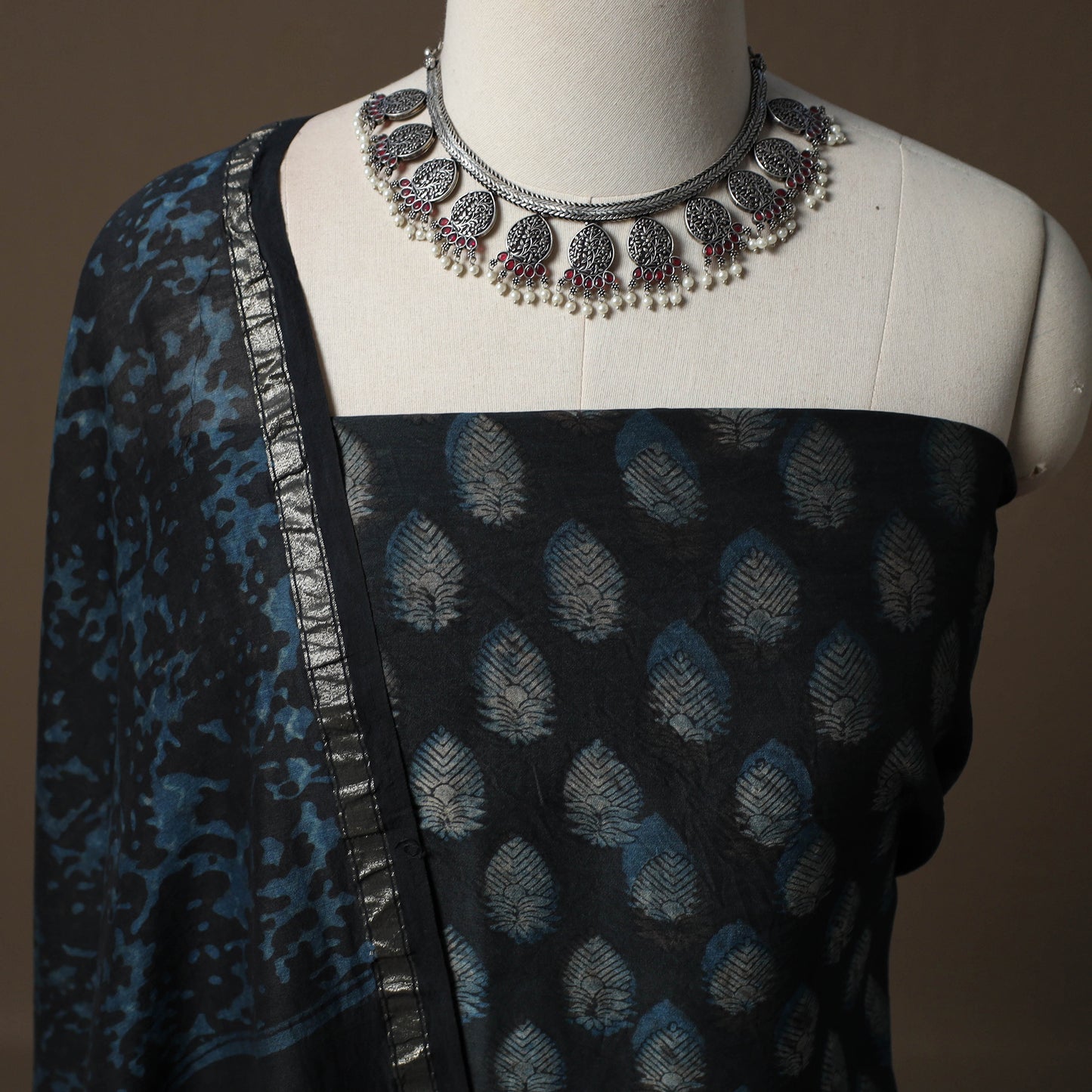 Akola Hand Block Print Chanderi Silk 2pc Unstitched Dress Material Kurta Set 05