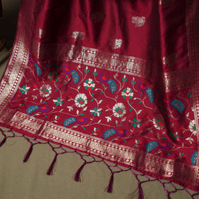 Red - Bangalore Silk Paithani Weave 3pc Unstitched Dress Material Suit Set 15