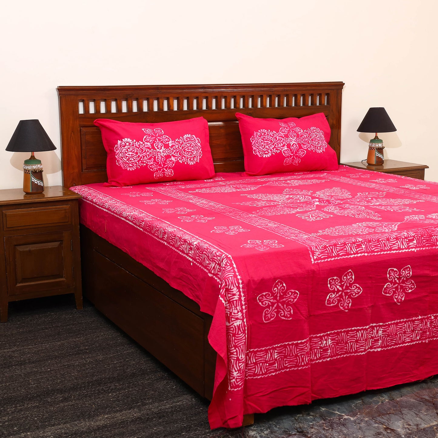 Buy Pink Cotton Double Hand Batik Print Bed Sheet Set