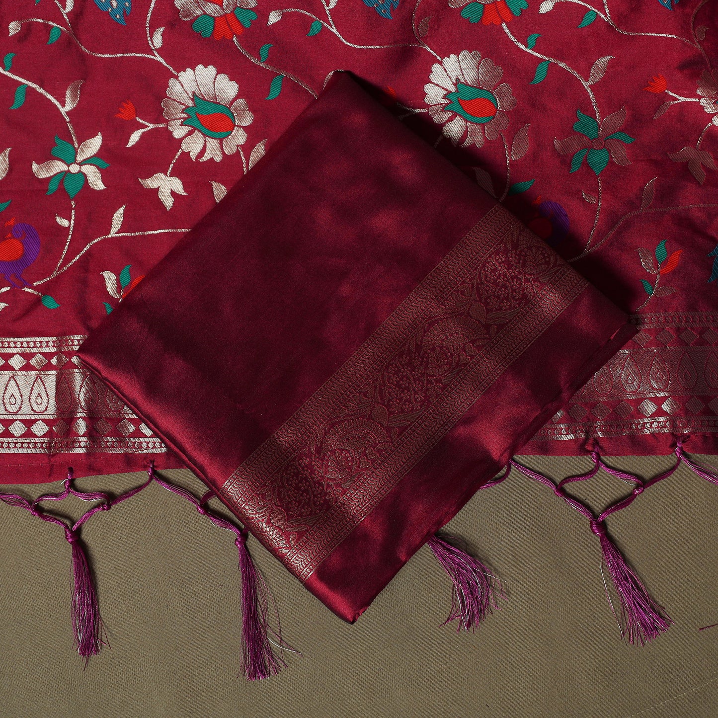 Red - Bangalore Silk Paithani Weave 3pc Unstitched Dress Material Suit Set 15