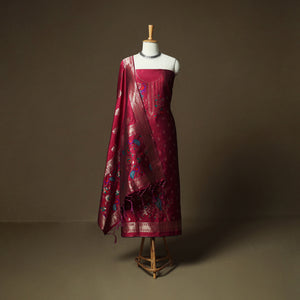 Red - Bangalore Silk Paithani Weave 3pc Unstitched Dress Material Suit Set 15