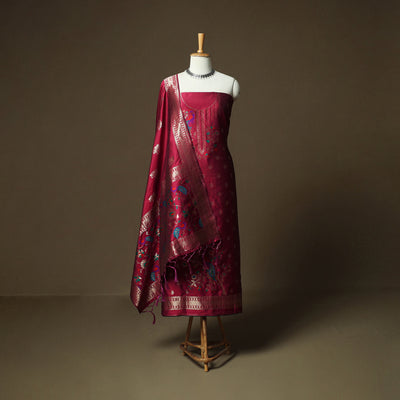 Red - Bangalore Silk Paithani Weave 3pc Unstitched Dress Material Suit Set 15