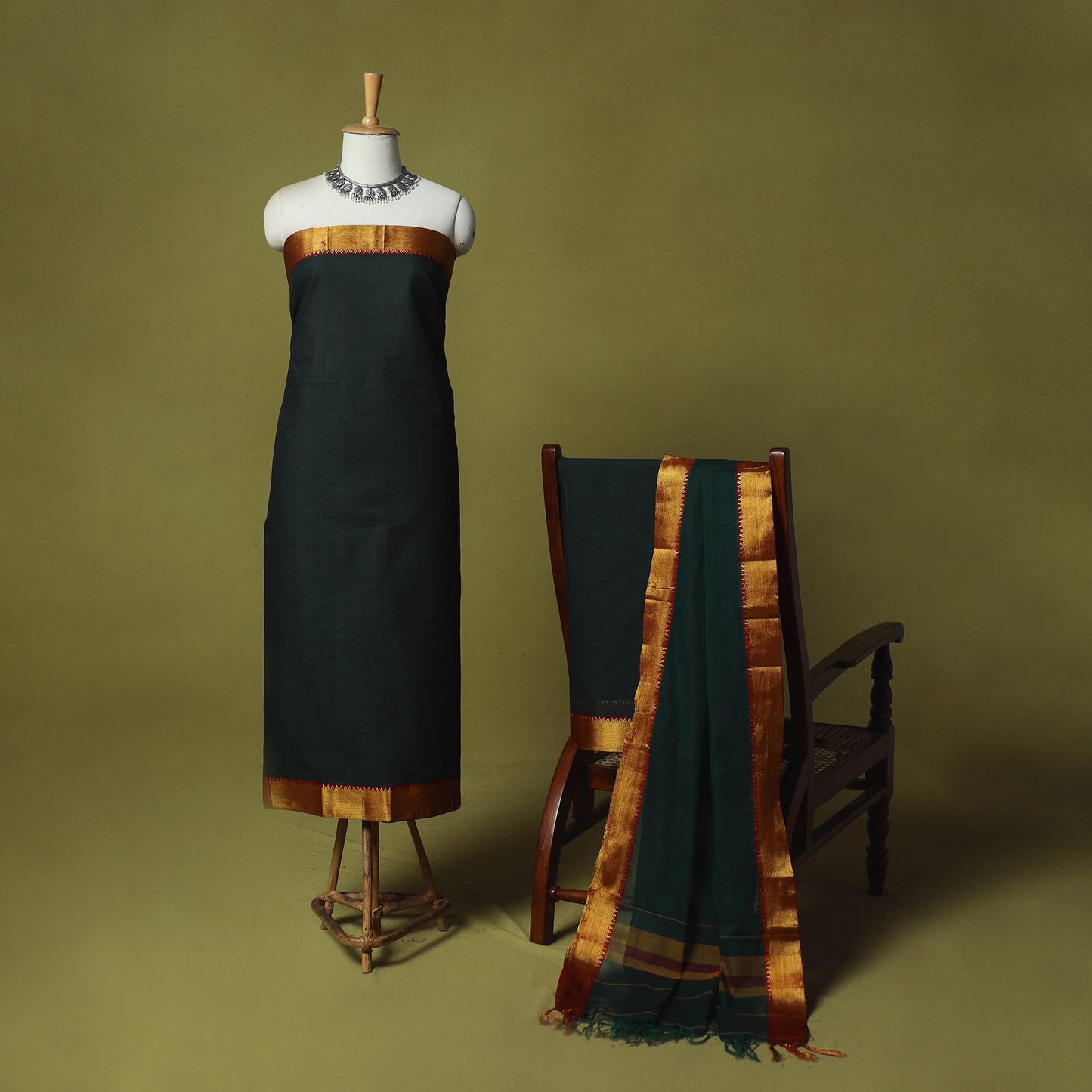 Dharwad Cotton 3pc Unstitched Dress Material Suit Set with Woven Zari Border 84