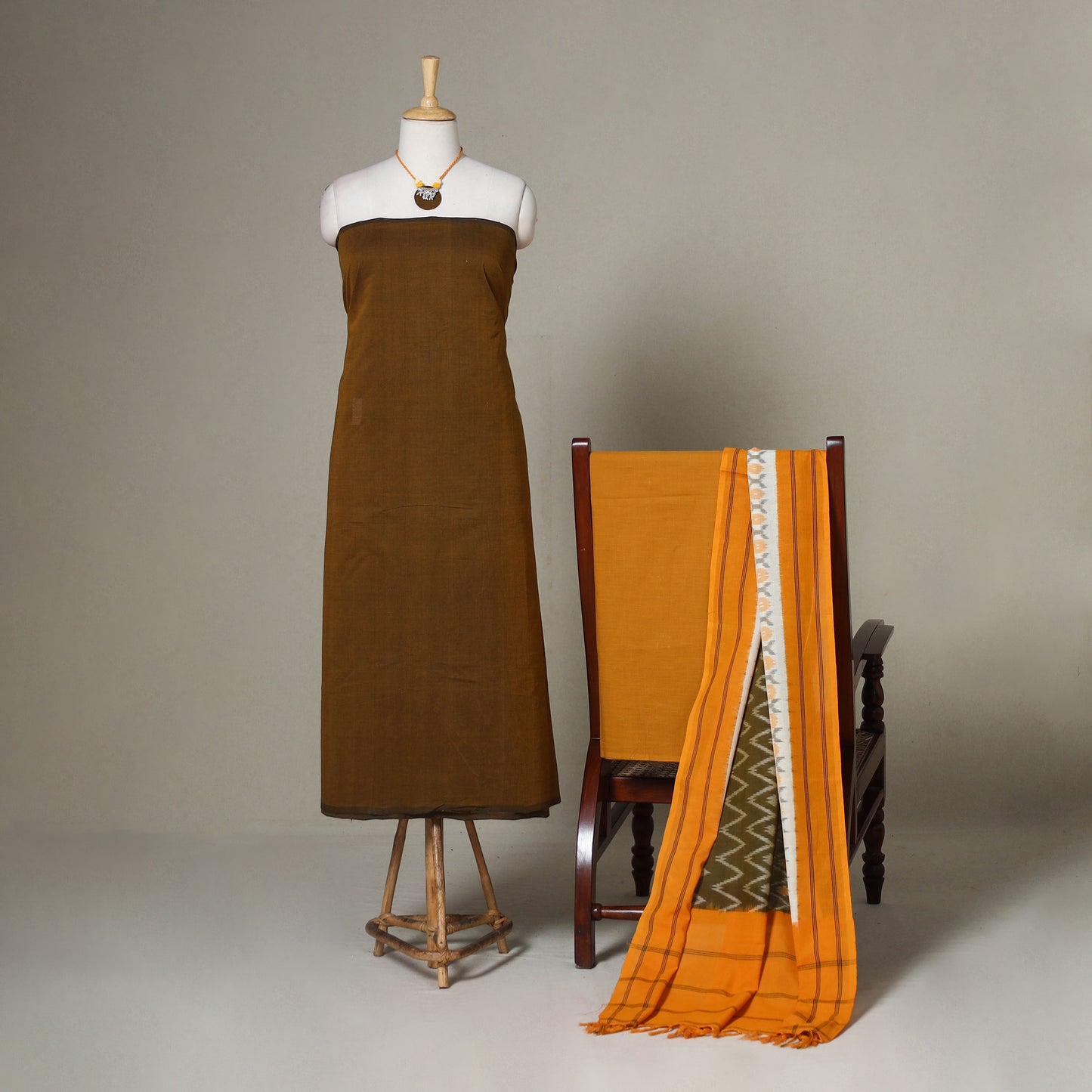 Brown - 3pc unstitched plain dress material with jewellery