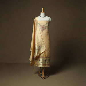 Beige - Bangalore Silk Paithani Weave 3pc Unstitched Dress Material Suit Set 16