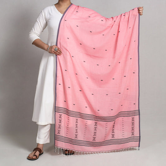 Pink - Burdwan Jamdani Buti Handloom Cotton Dupatta with Tassels