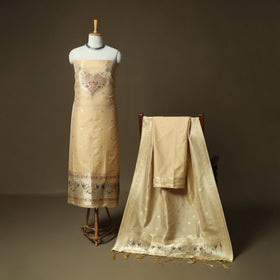Beige - Bangalore Silk Paithani Weave 3pc Unstitched Dress Material Suit Set 16