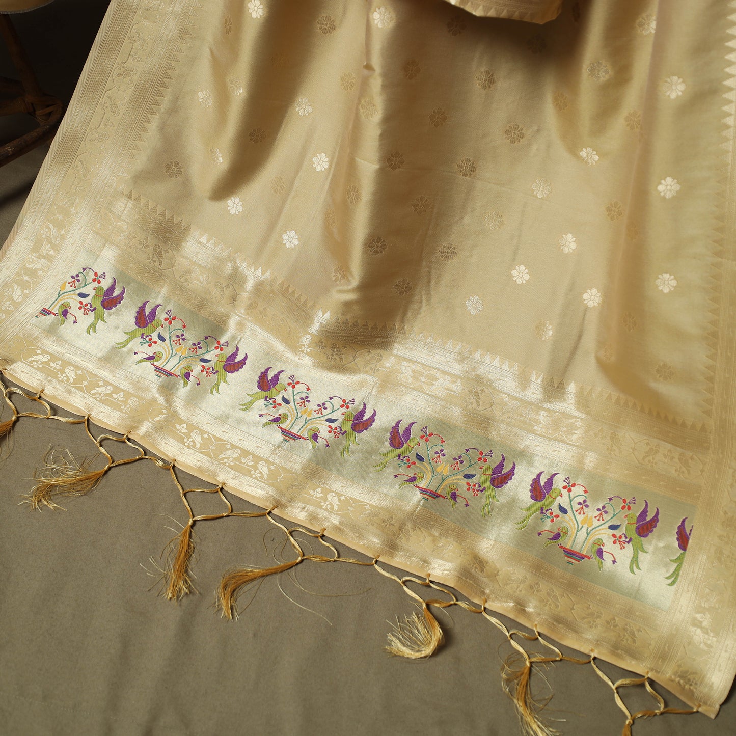 Beige - Bangalore Silk Paithani Weave 3pc Unstitched Dress Material Suit Set 16