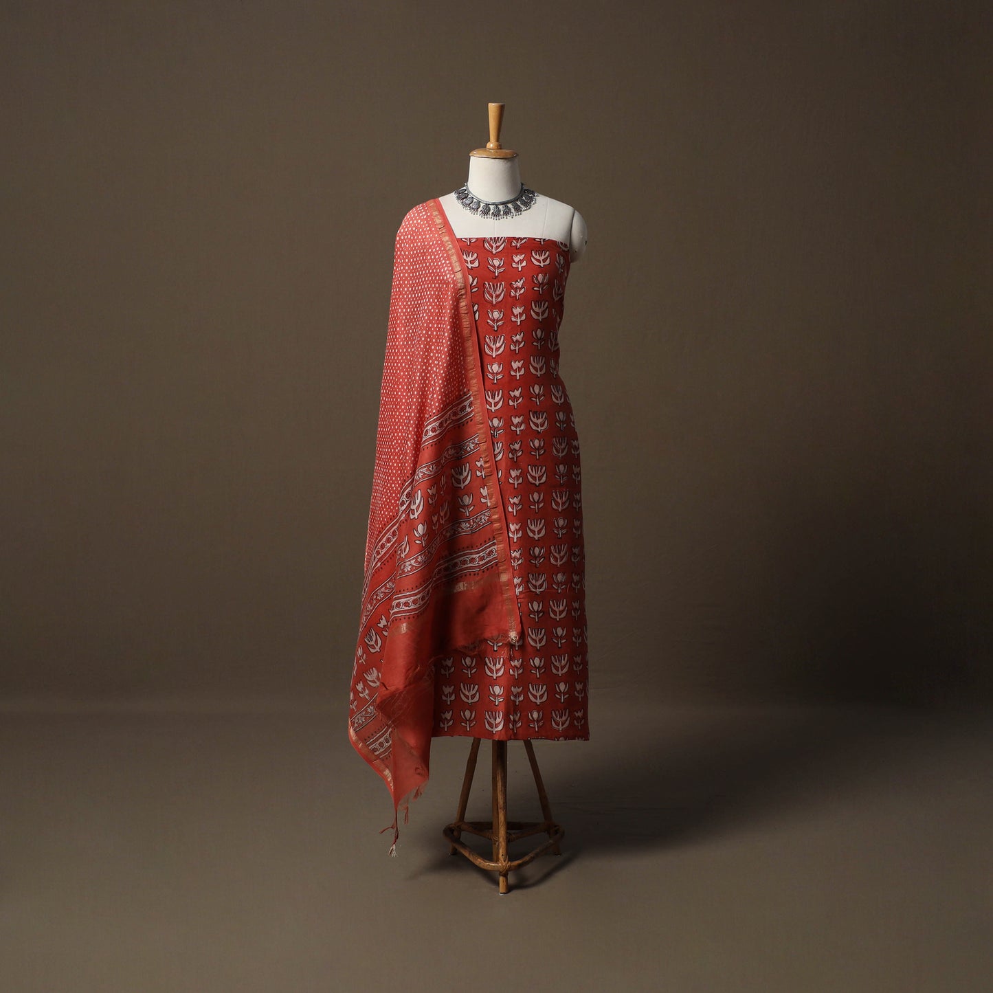 Akola Hand Block Print Chanderi Silk 2pc Unstitched Dress Material Kurta Set 10
