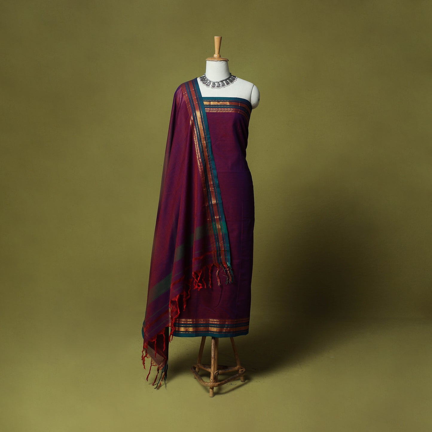 Dharwad Cotton 3pc Unstitched Dress Material Suit Set with Woven Zari Border 86