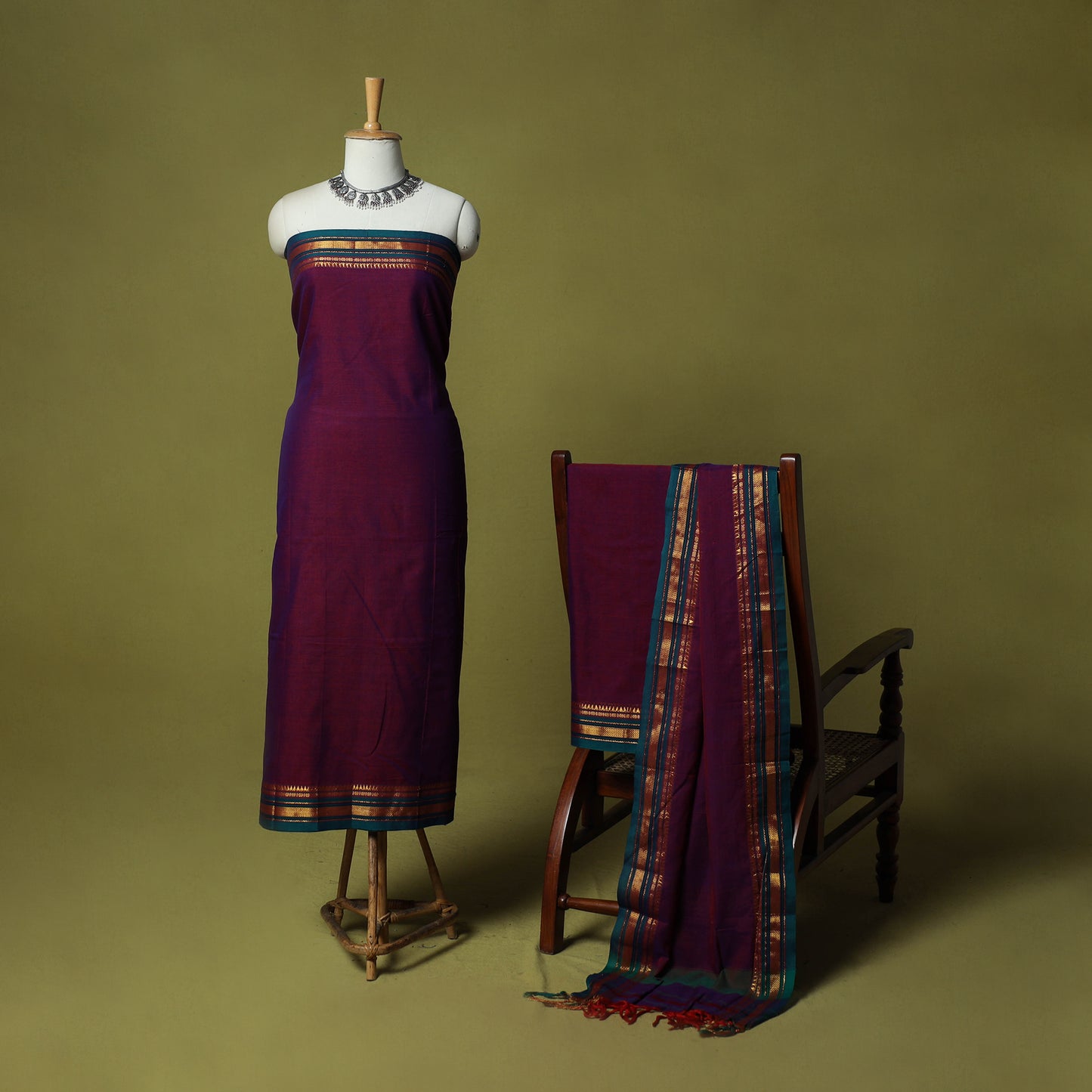 Dharwad Cotton 3pc Unstitched Dress Material Suit Set with Woven Zari Border 86