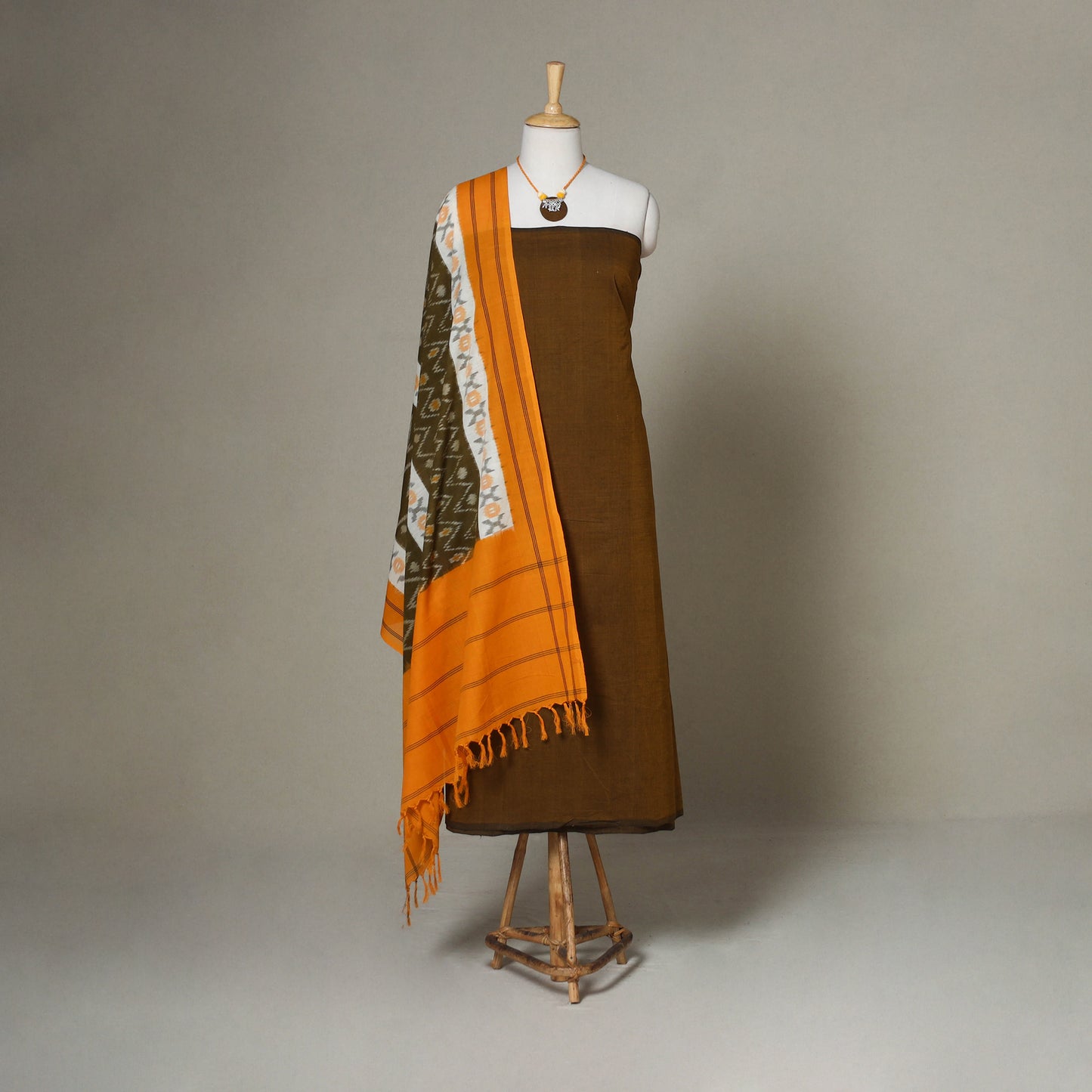 Brown - 3pc unstitched plain dress material with jewellery