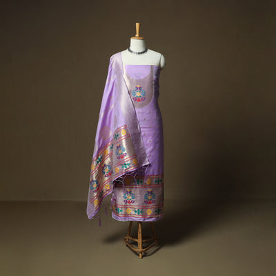 Purple - Bangalore Silk Paithani Weave 3pc Unstitched Dress Material Suit Set 17