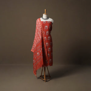 Red - Akola Hand Block Print Chanderi Silk 2pc Unstitched Dress Material Kurta Set 11