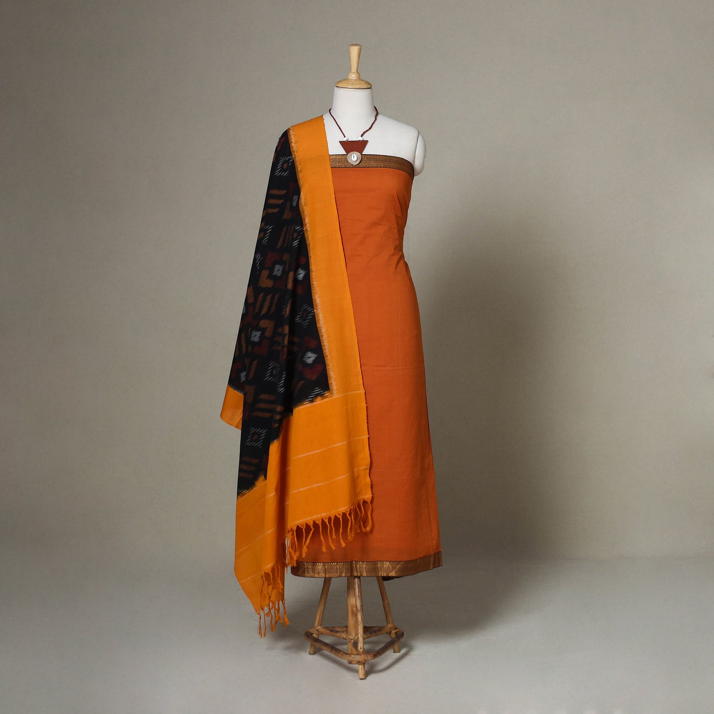 Orange - 3pc unstitched plain dress material with jewellery