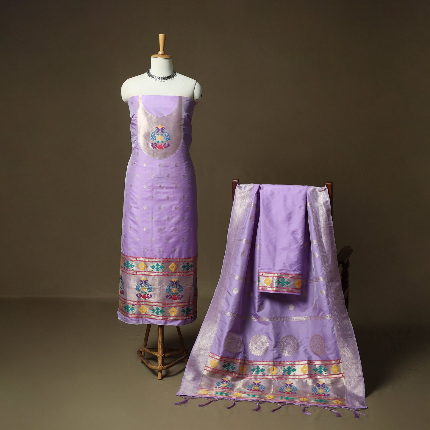 Purple - Bangalore Silk Paithani Weave 3pc Unstitched Dress Material Suit Set 17