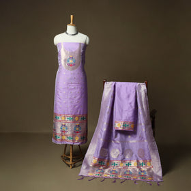 Purple - Bangalore Silk Paithani Weave 3pc Unstitched Dress Material Suit Set 17