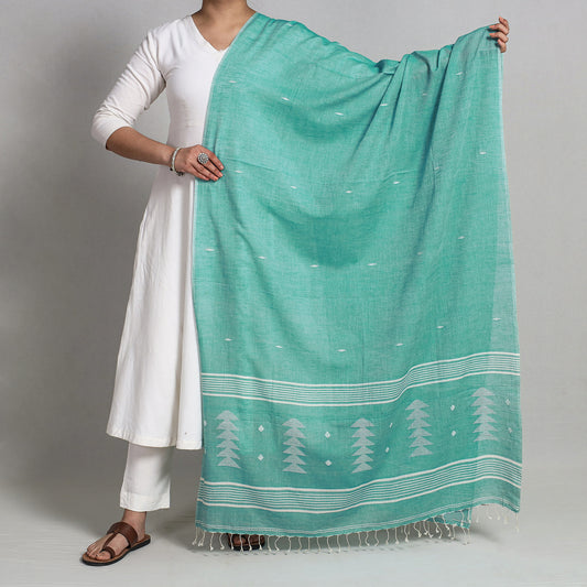Green - Burdwan Jamdani Buti Handloom Cotton Dupatta with Tassels
