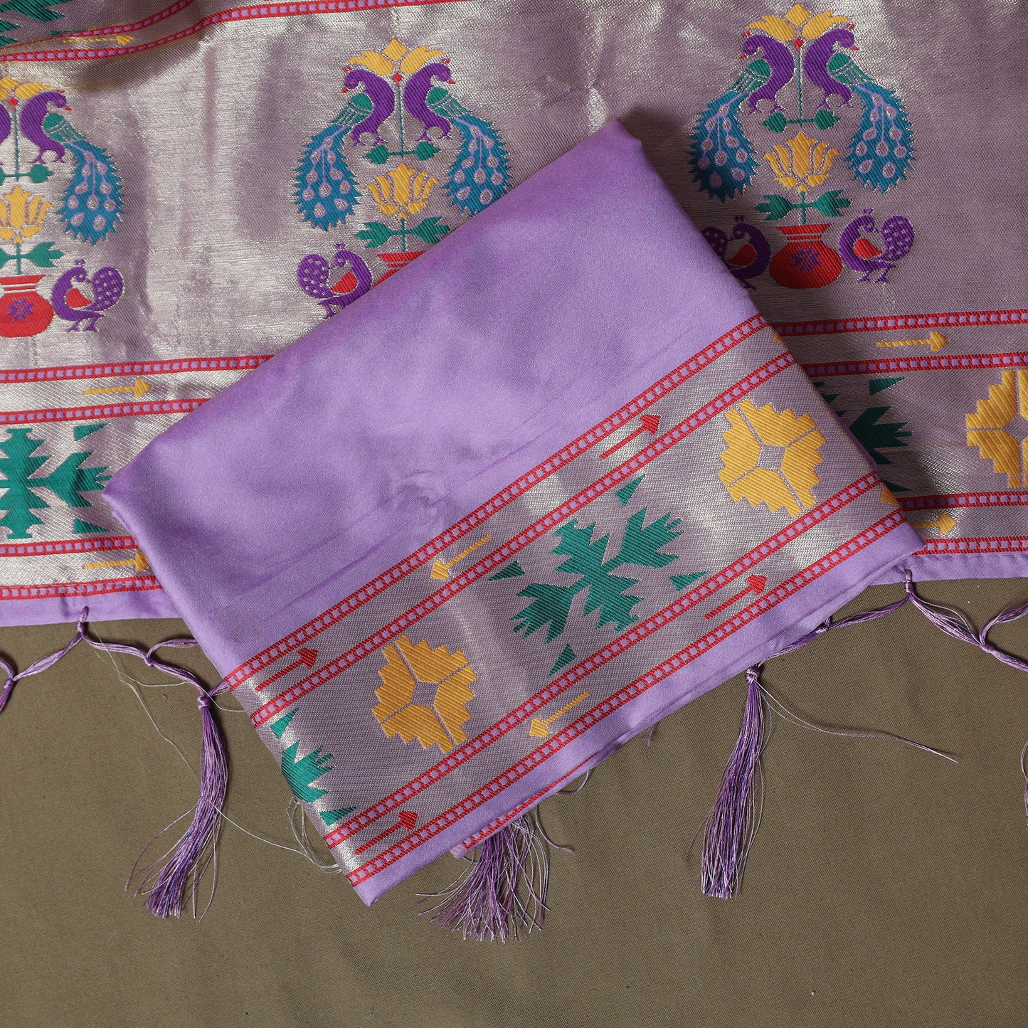 Purple - Bangalore Silk Paithani Weave 3pc Unstitched Dress Material Suit Set 17