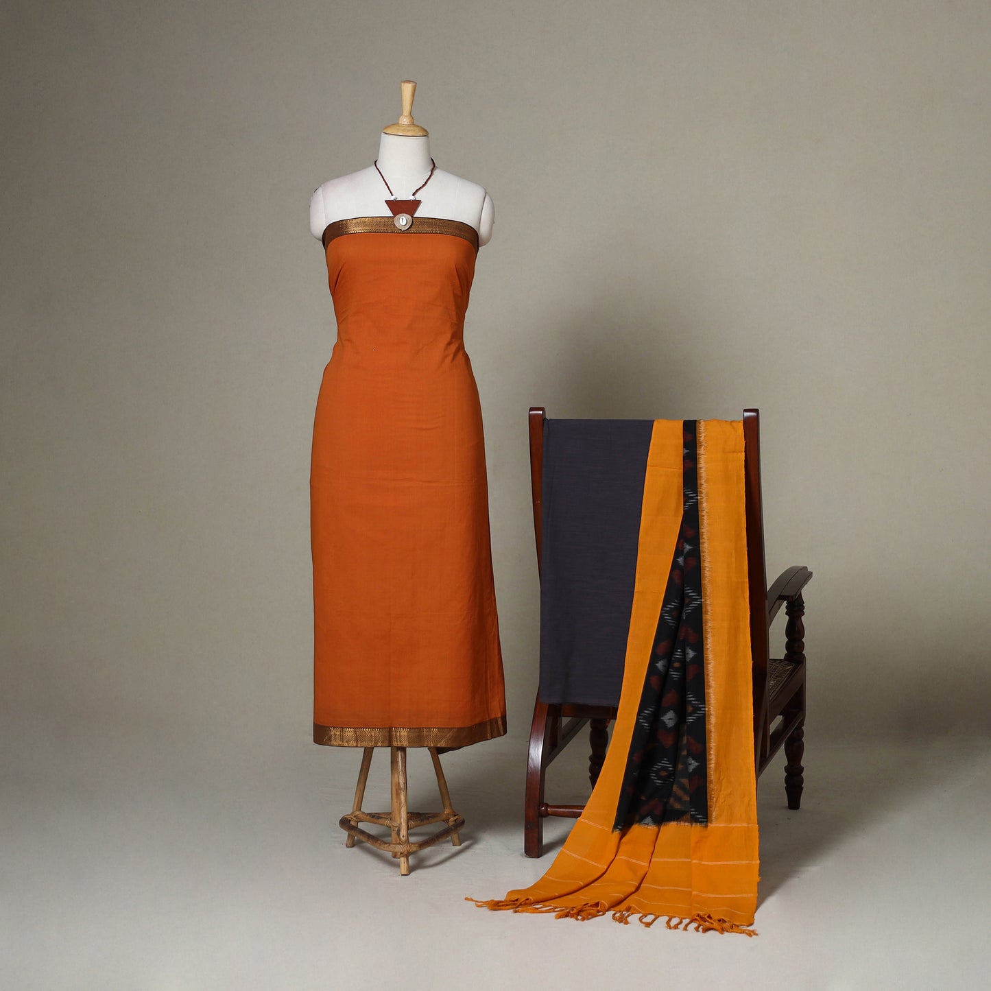 Orange - 3pc unstitched plain dress material with jewellery
