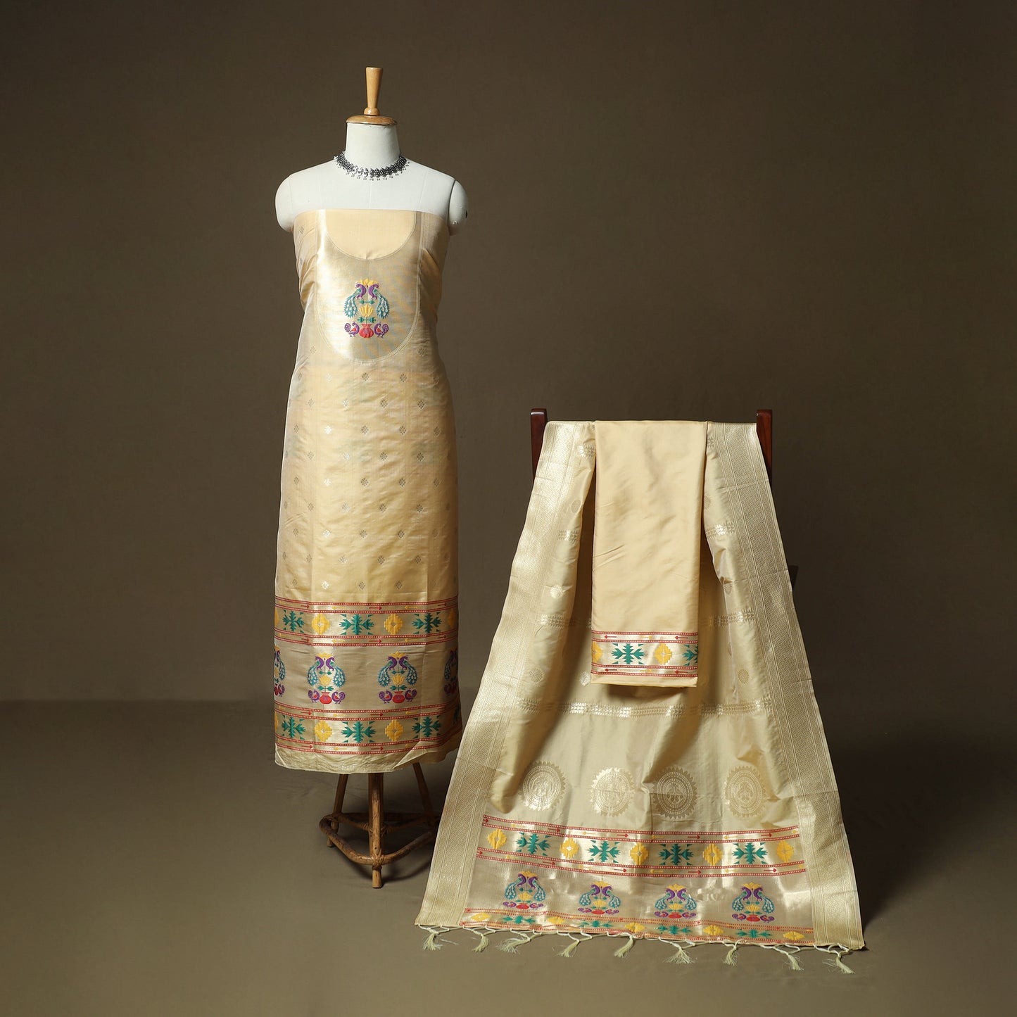 Beige - Bangalore Silk Paithani Weave 3pc Unstitched Dress Material Suit Set 18