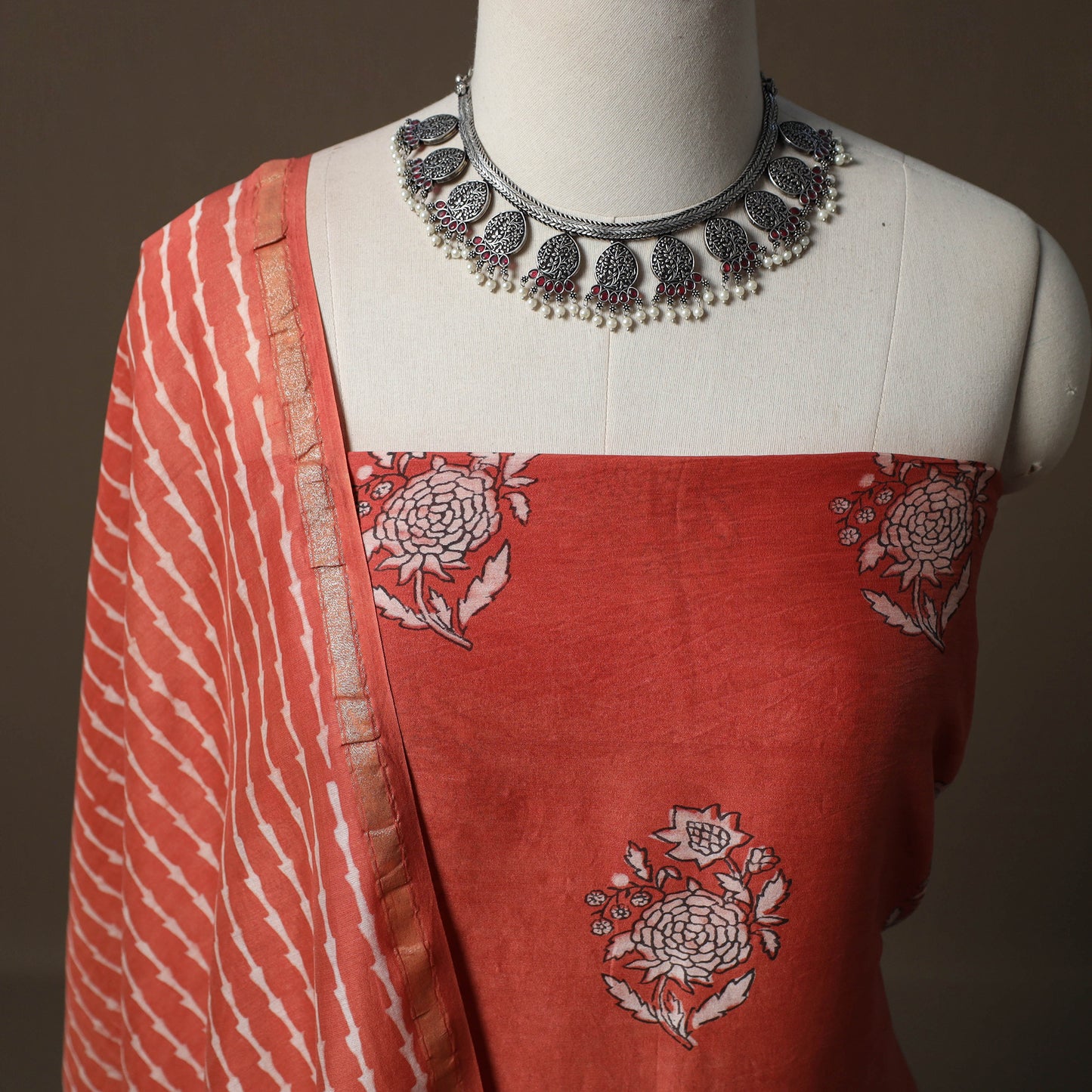 Akola Hand Block Print Chanderi Silk 2pc Unstitched Dress Material Kurta Set 12