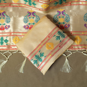 Beige - Bangalore Silk Paithani Weave 3pc Unstitched Dress Material Suit Set 18