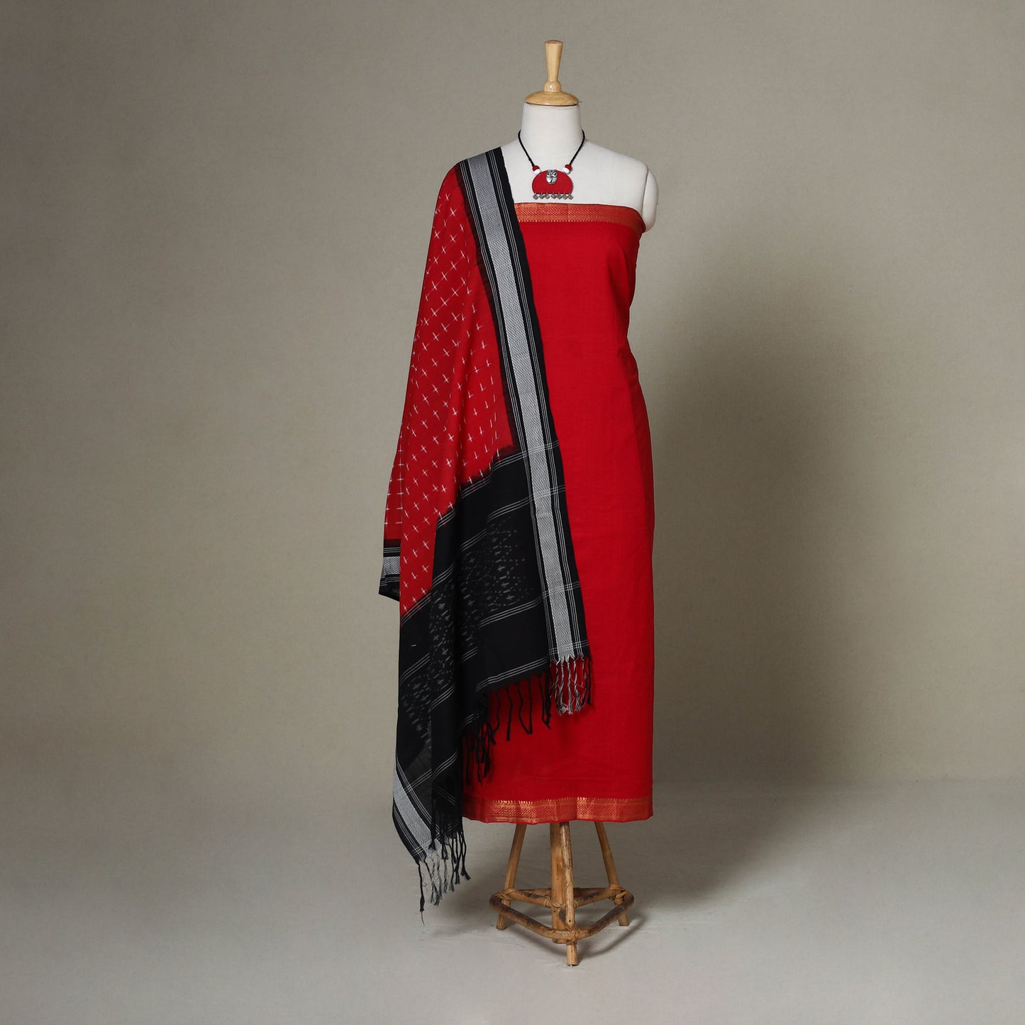 Red - 3pc unstitched plain dress material with jewellery