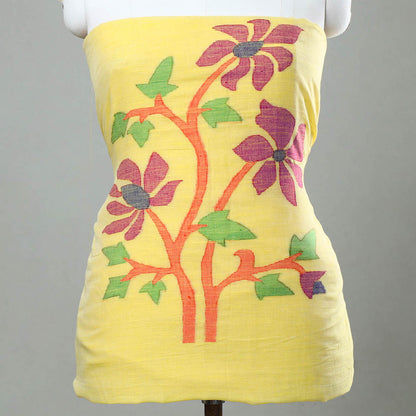 Yellow - Phulia Jamdani Weave Handloom Cotton Kurta Material  - 2.6 meter