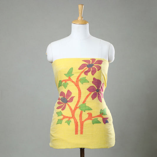 Yellow - Phulia Jamdani Weave Handloom Cotton Kurta Material  - 2.6 meter