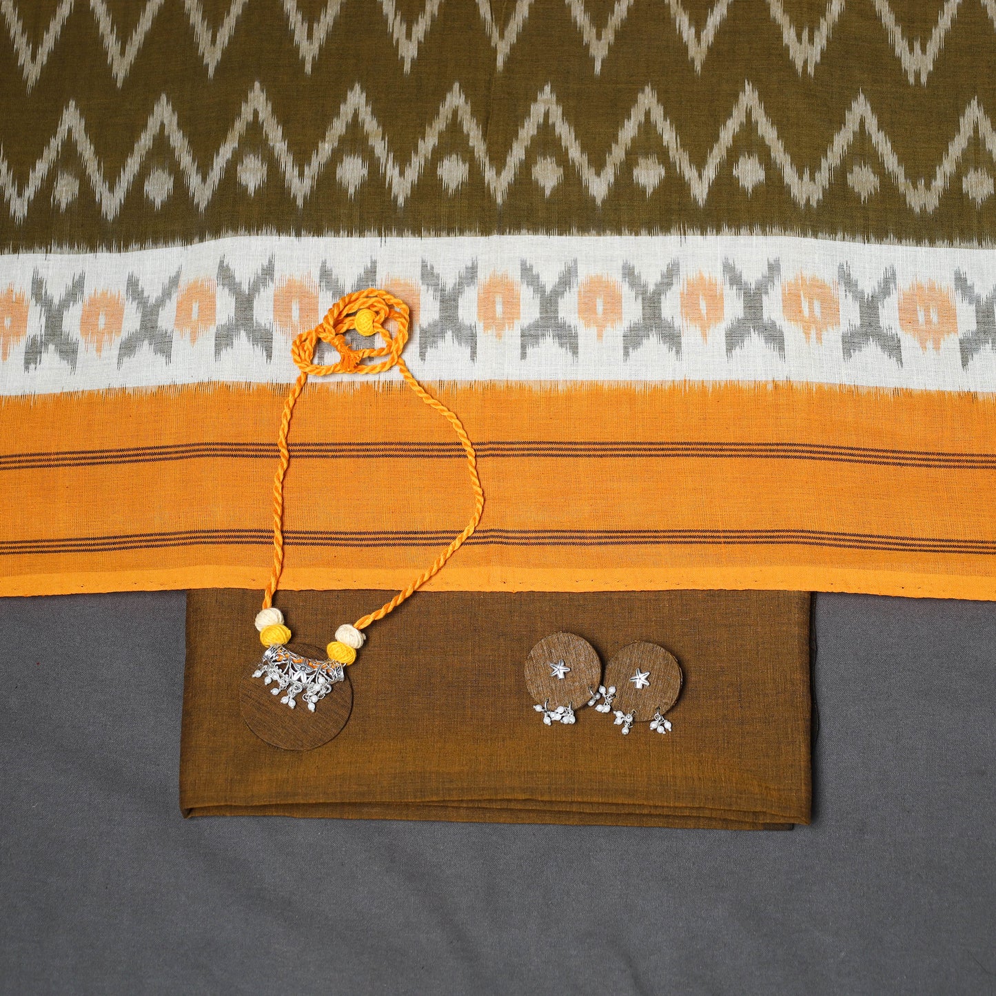 Brown - 3pc unstitched plain dress material with jewellery