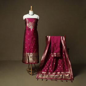 Pink - Bangalore Silk Paithani Weave 3pc Unstitched Dress Material Suit Set 19