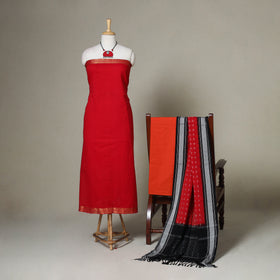 Red - 3pc unstitched plain dress material with jewellery