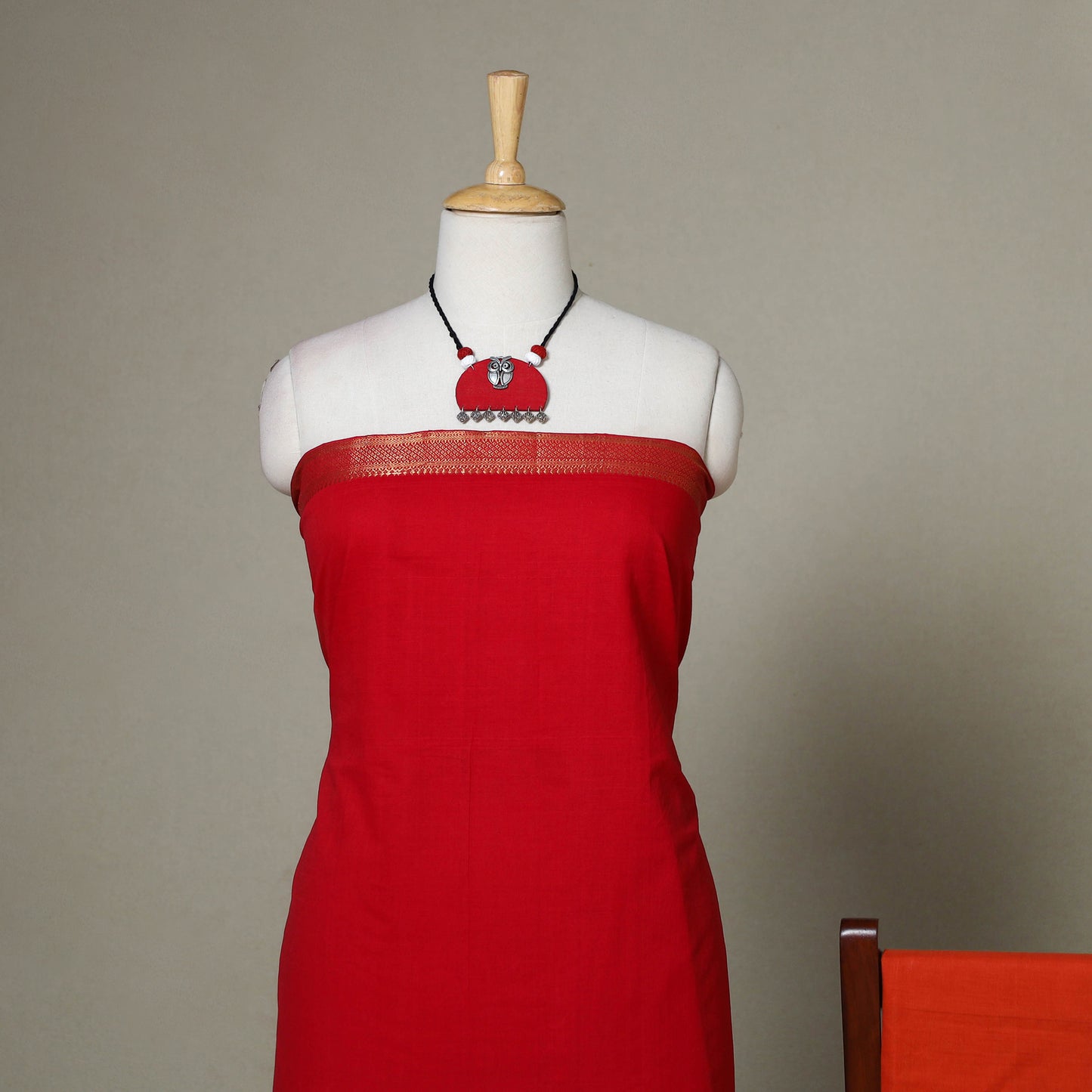 Red - 3pc unstitched plain dress material with jewellery