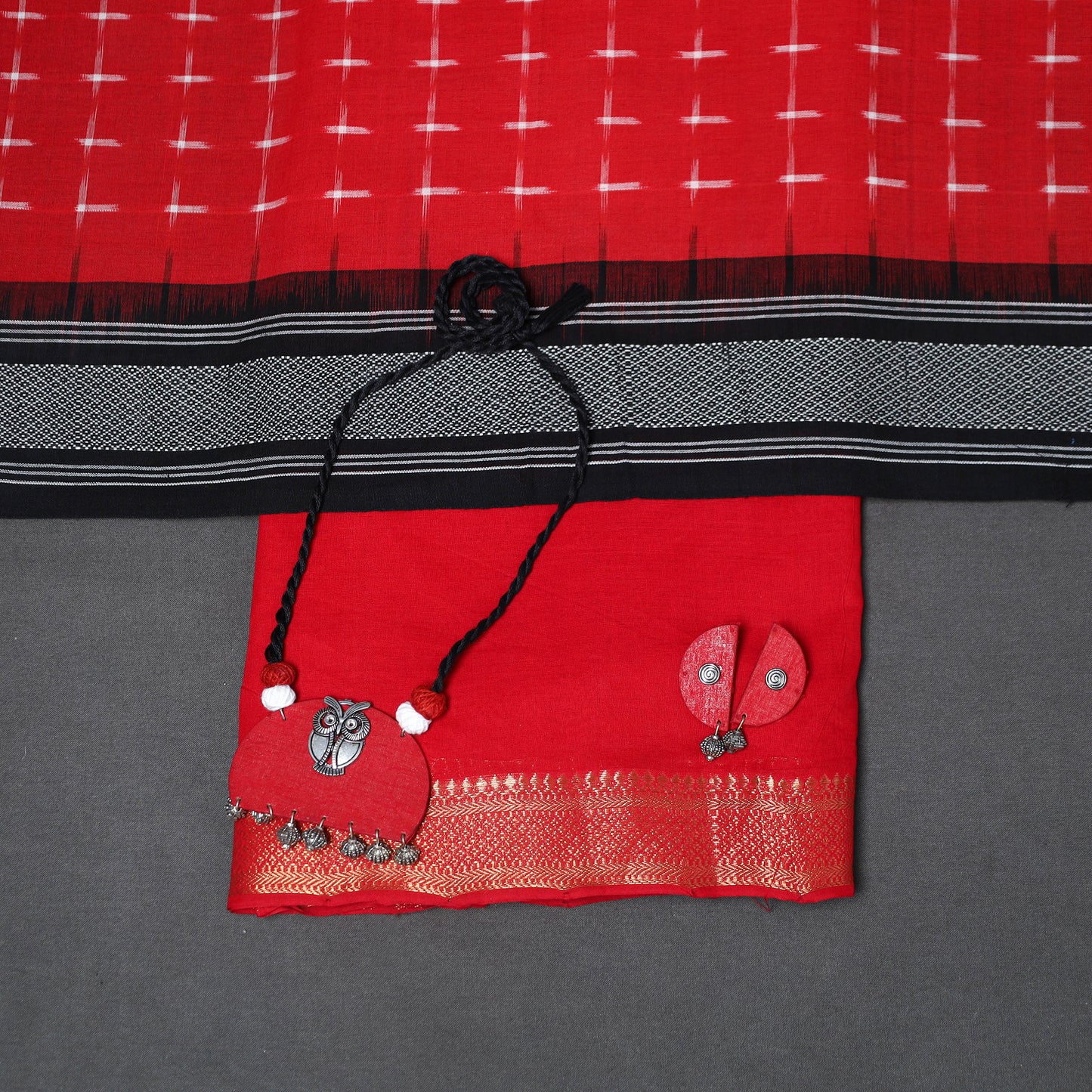 Red - 3pc unstitched plain dress material with jewellery