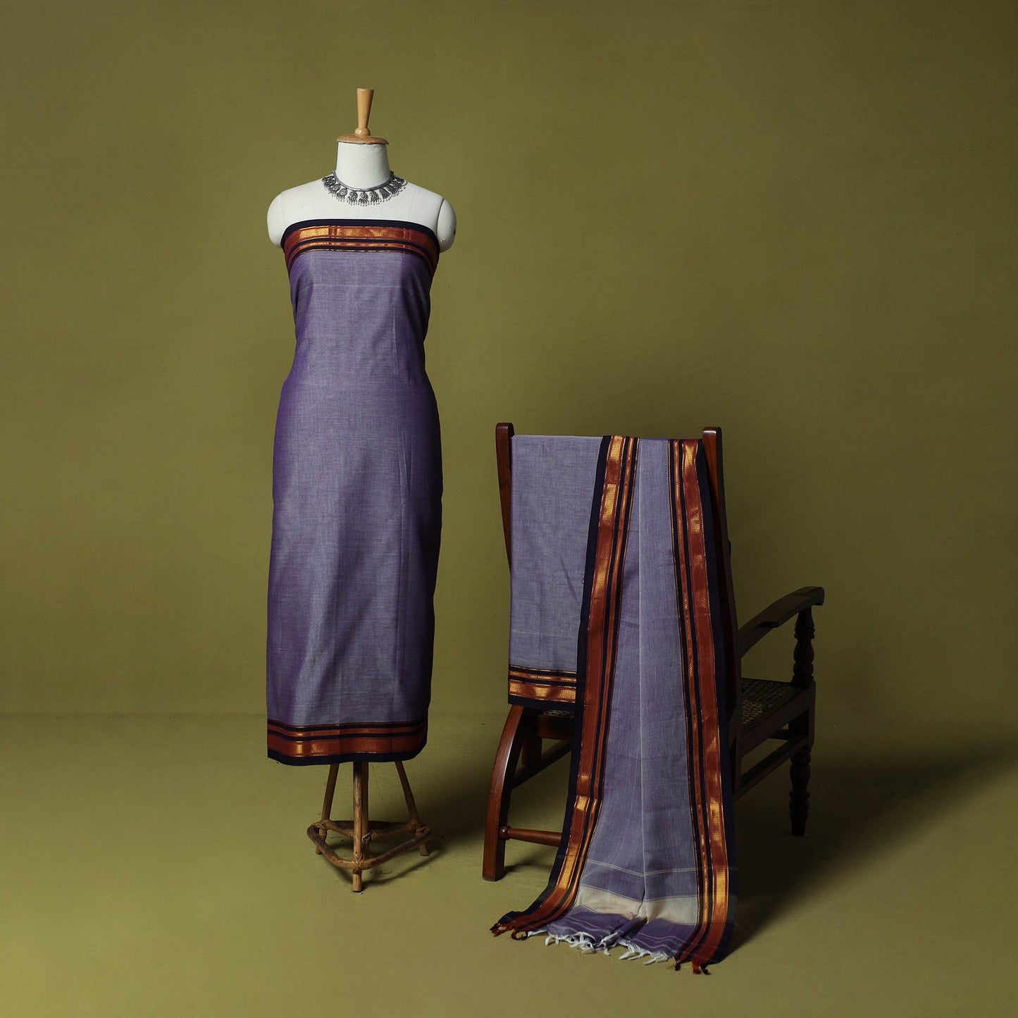 Dharwad Cotton 3pc Unstitched Dress Material Suit Set with Woven Zari Border 91