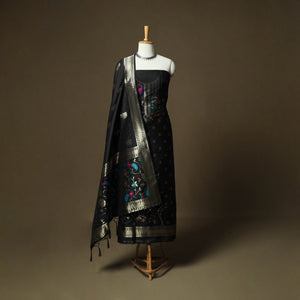 Black - Bangalore Silk Paithani Weave 3pc Unstitched Dress Material Suit Set 20