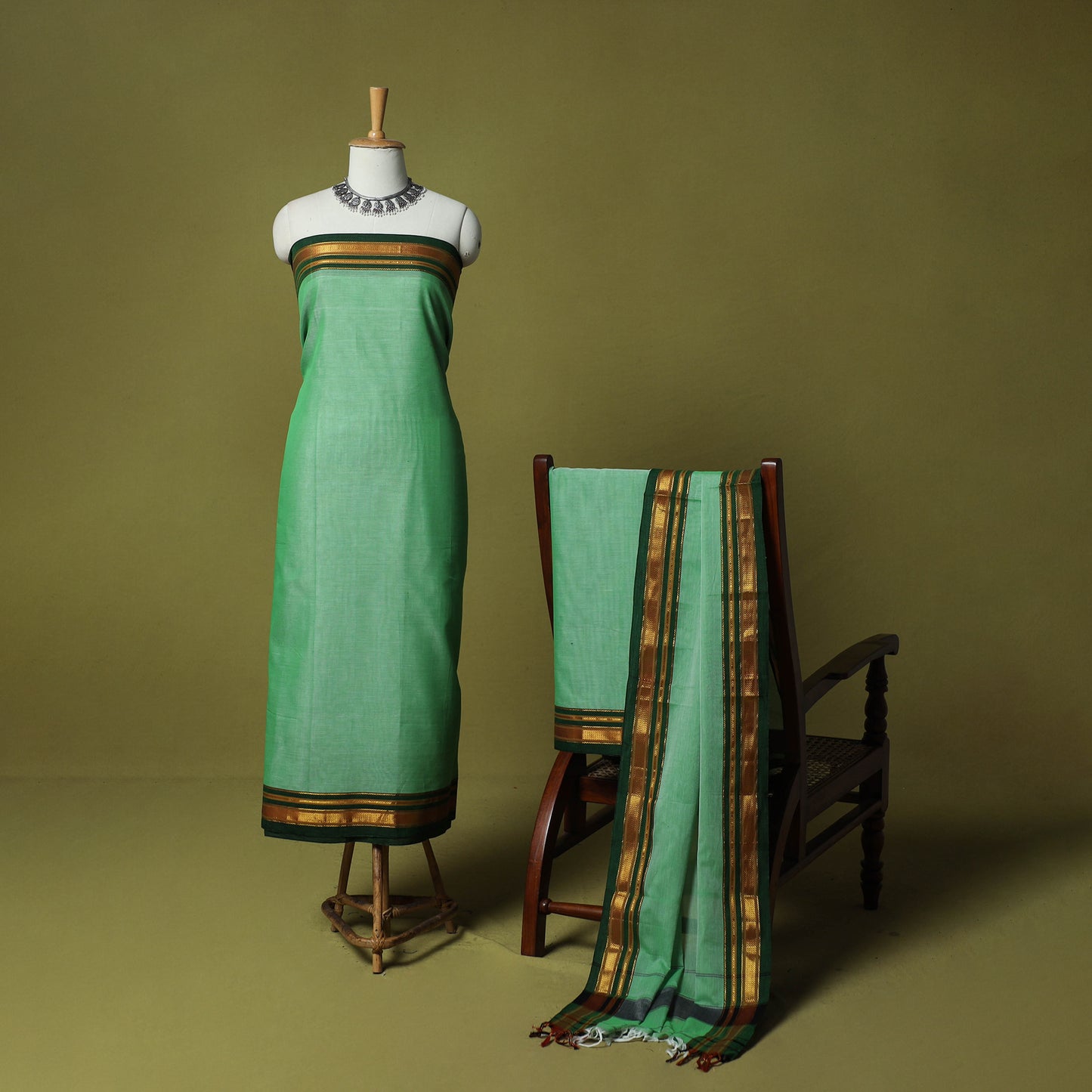 Dharwad Cotton 3pc Unstitched Dress Material Suit Set with Woven Zari Border 92