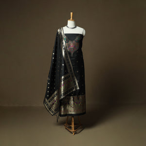 Black - Bangalore Silk Paithani Weave 3pc Unstitched Dress Material Suit Set 21