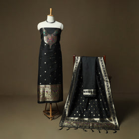 Black - Bangalore Silk Paithani Weave 3pc Unstitched Dress Material Suit Set 21
