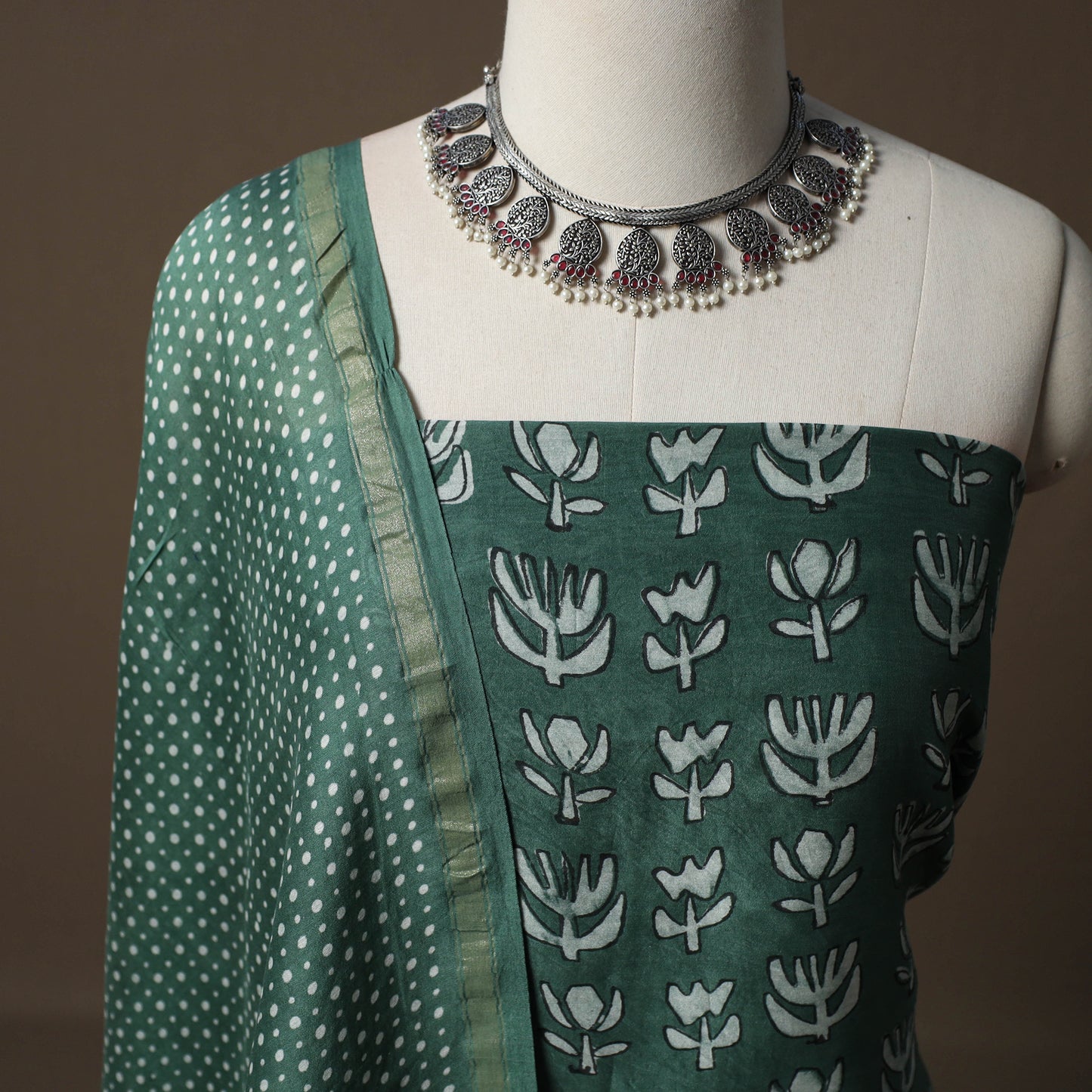 Akola Hand Block Print Chanderi Silk 2pc Unstitched Dress Material Kurta Set 18