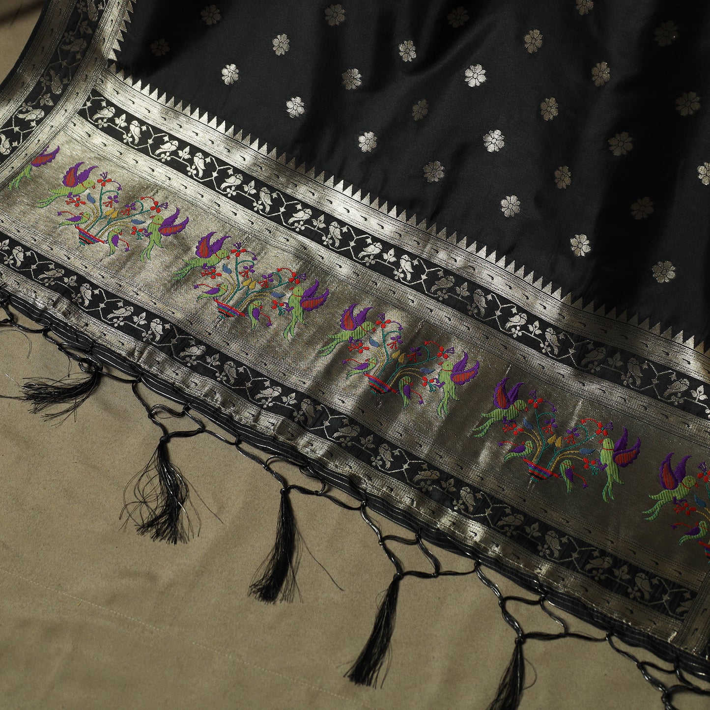 Black - Bangalore Silk Paithani Weave 3pc Unstitched Dress Material Suit Set 21