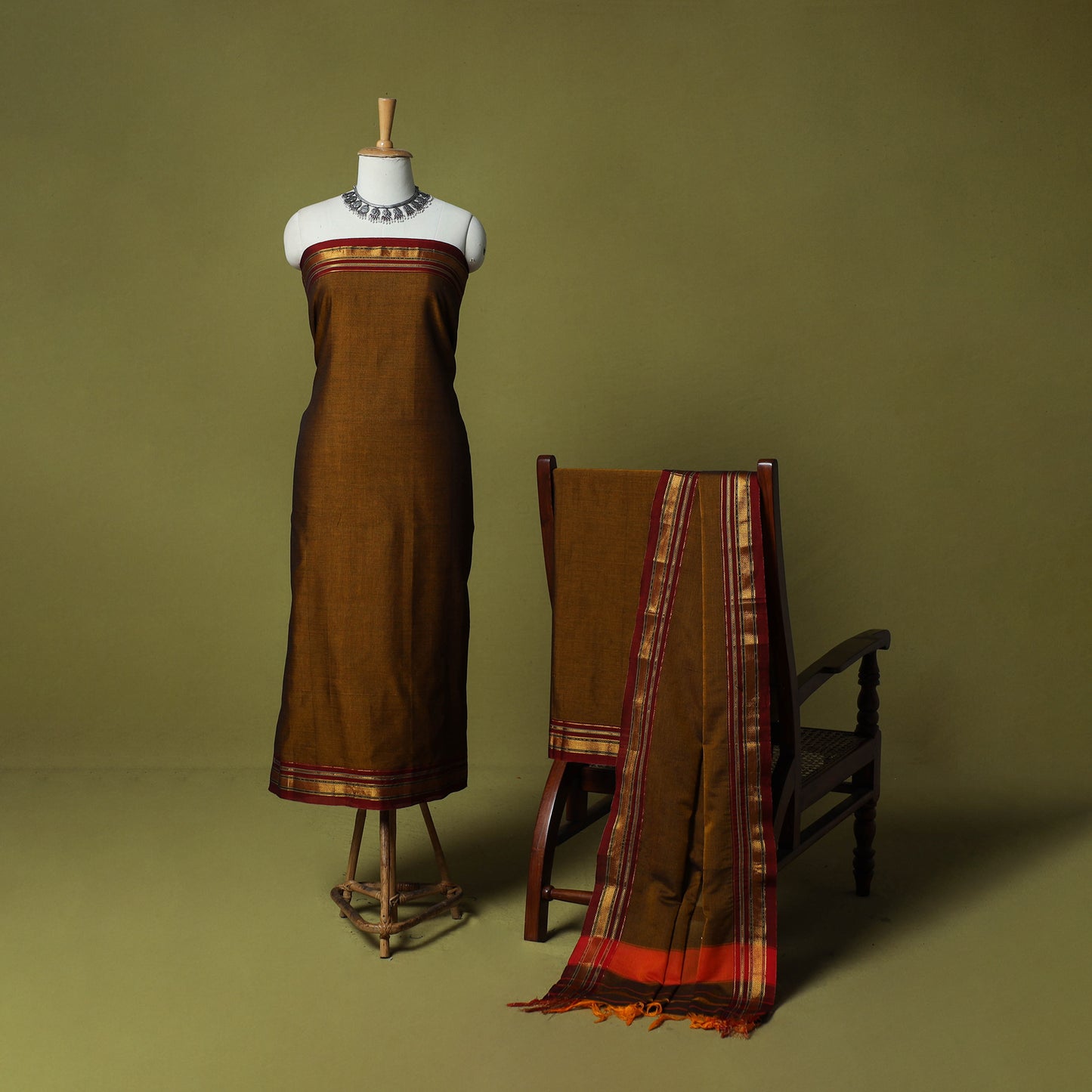 Dharwad Cotton 3pc Unstitched Dress Material Suit Set with Woven Zari Border 93