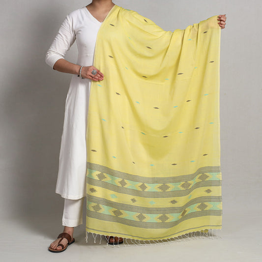 Yellow - Burdwan Jamdani Buti Handloom Cotton Dupatta with Tassels